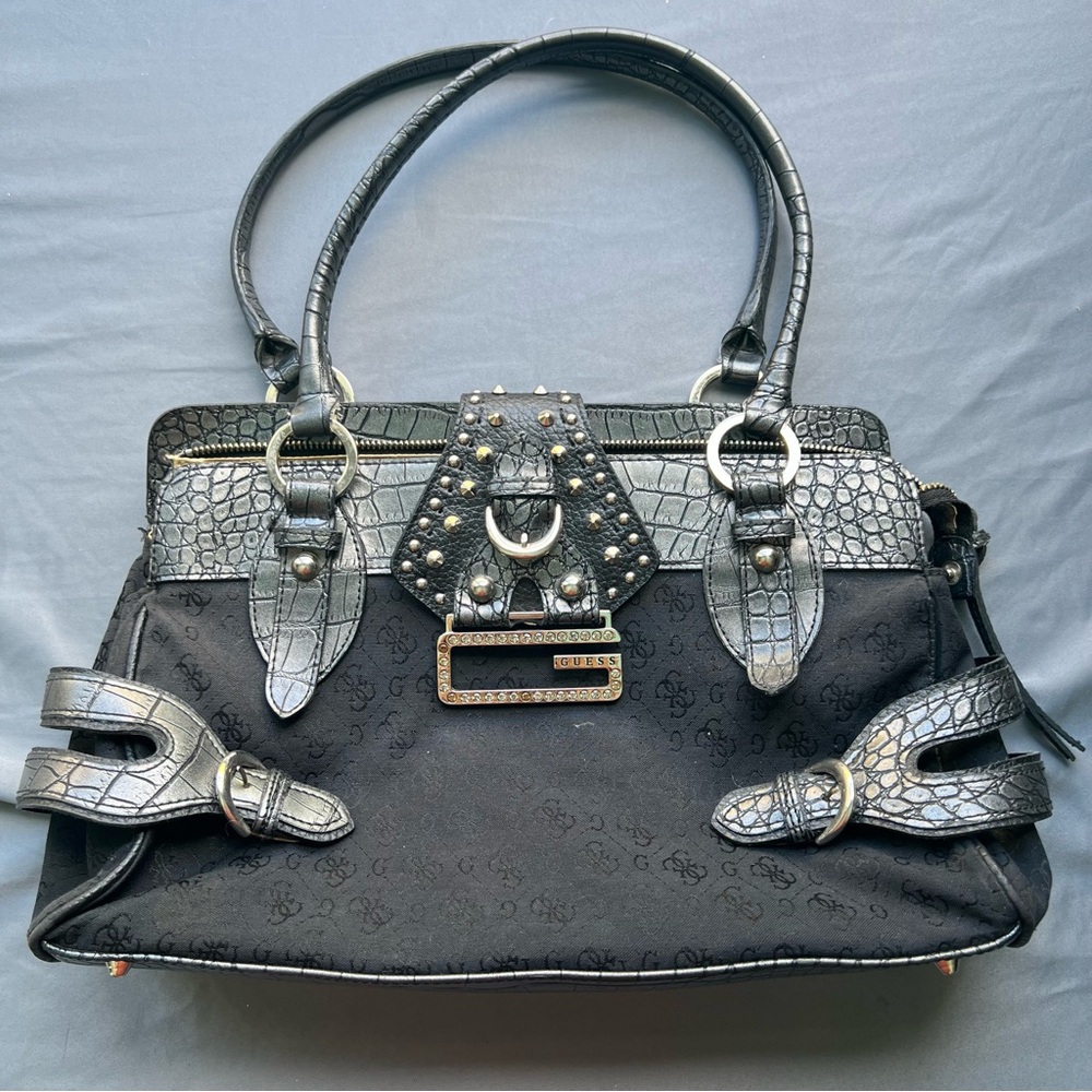 GUESS Black Monogram Logo Satchel Bag Silver Studded Accent Glam Y2K